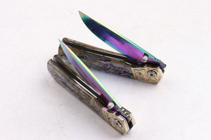 Damascus blade material Silk color Abalone handle folding knife with Titanium coated surface UD404442